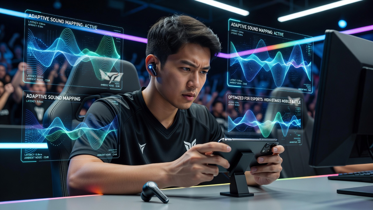 Close-up of mobile esports player adjusting wireless earbuds during a high-stakes tournament match