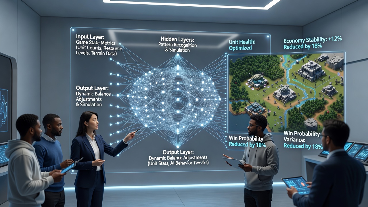 Developers reviewing neural network output dashboards during an RTS balance meeting