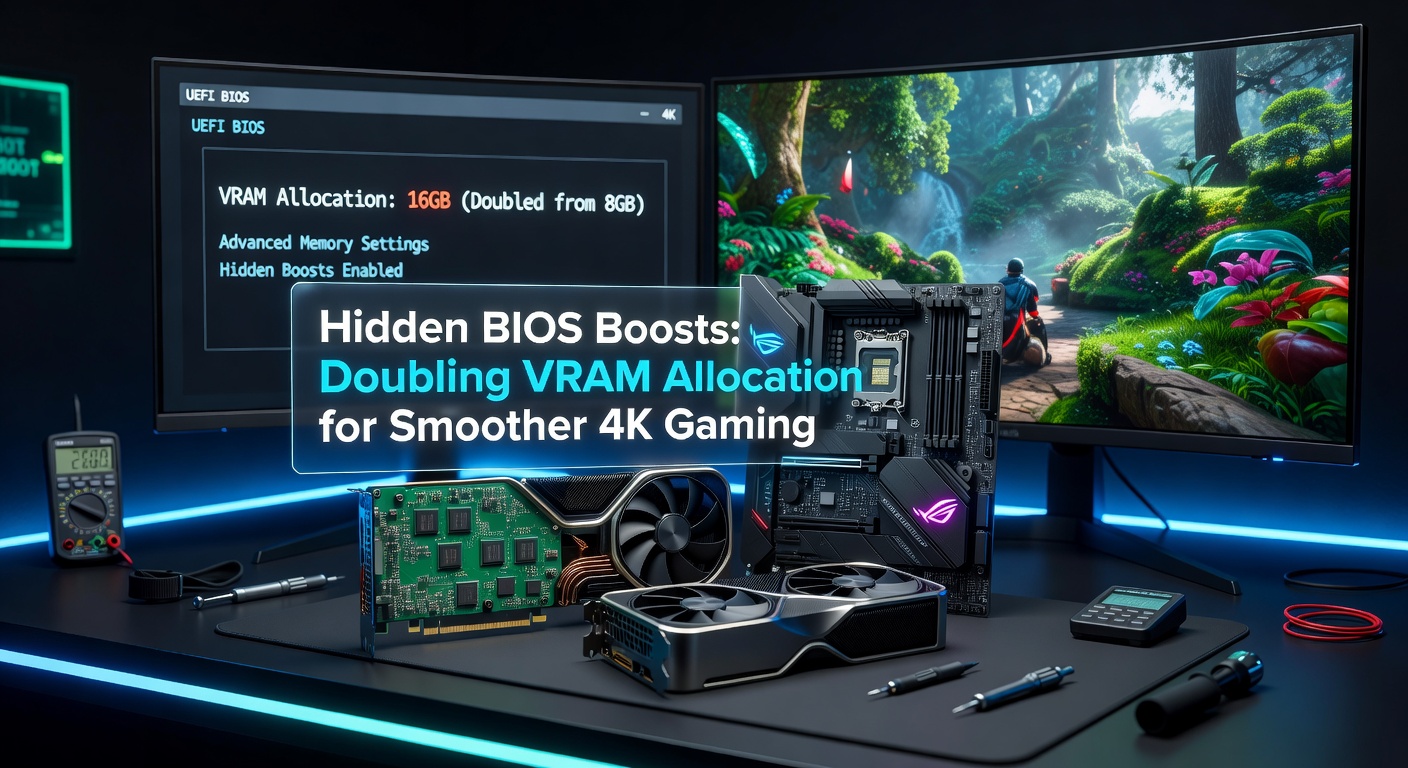 Close-up of a motherboard BIOS interface displaying advanced VRAM allocation options, highlighting sliders for memory sharing in a dimly lit PC build setup