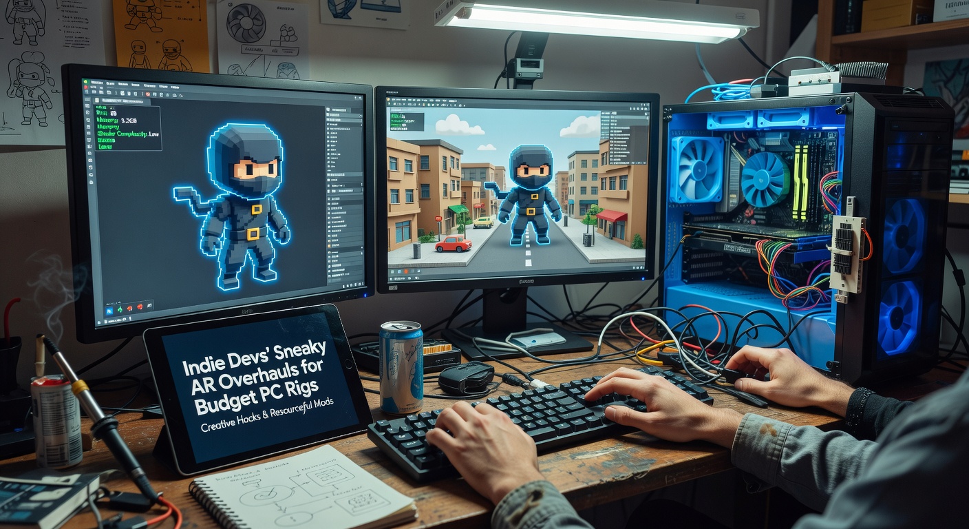 Indie developer fine-tuning AR overlays on a modest desktop setup with multiple screens displaying code adn low-poly models