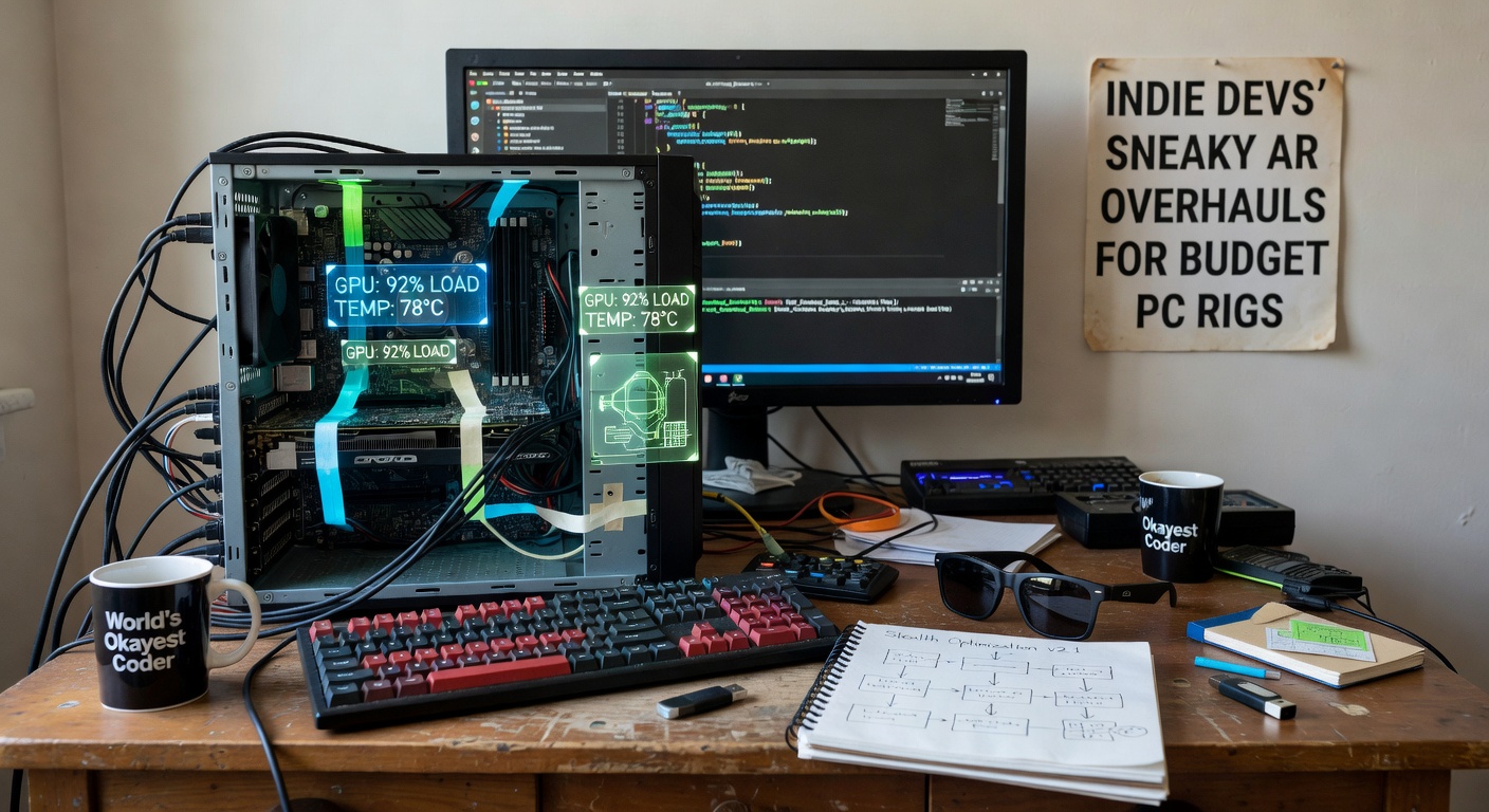 Close-up of AR glasses prototype integrated with a budget PC tower, showing holographic interfaces floating over a cluttered desk