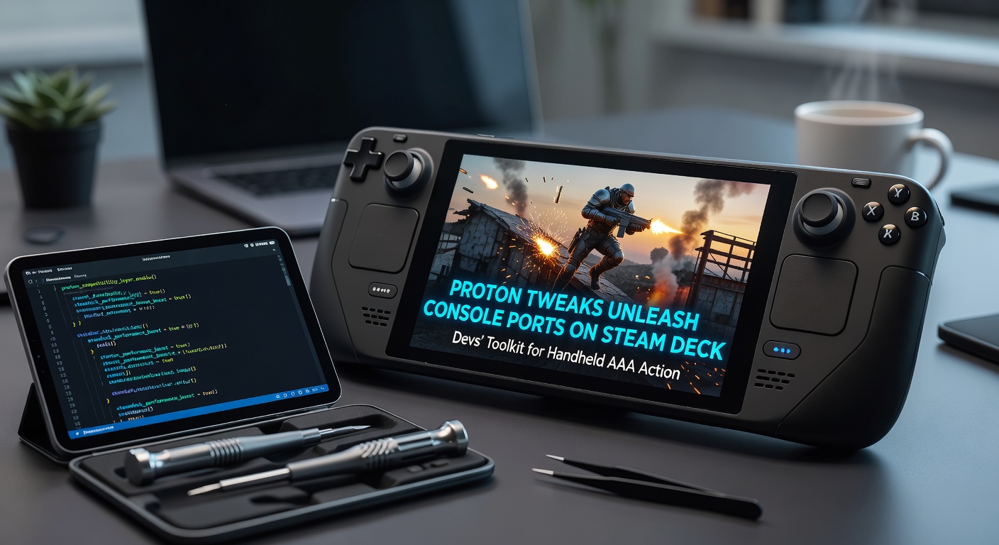 Steam Deck handheld running a high-fidelity console port with Proton tweaks enabled, showcasing smooth AAA gameplay on a portable screen