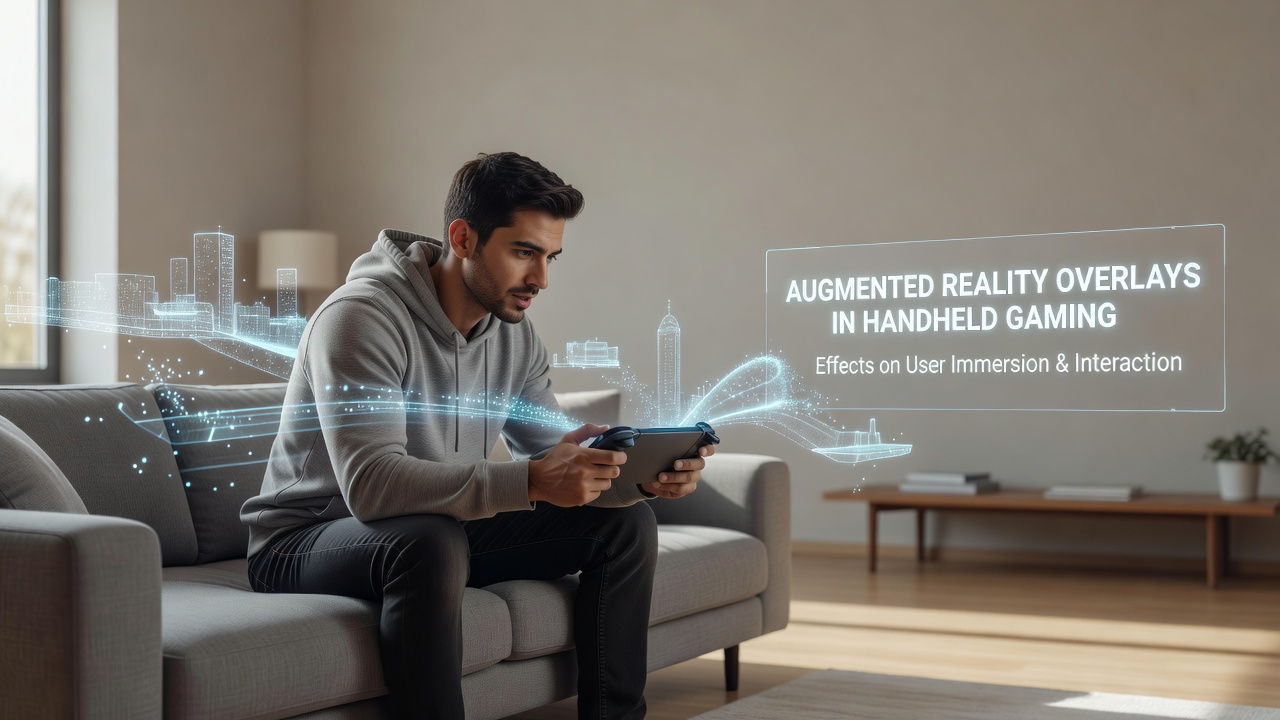 Close-up view of a player using hand gestures to interact with augmented reality elements projected on a handheld screen